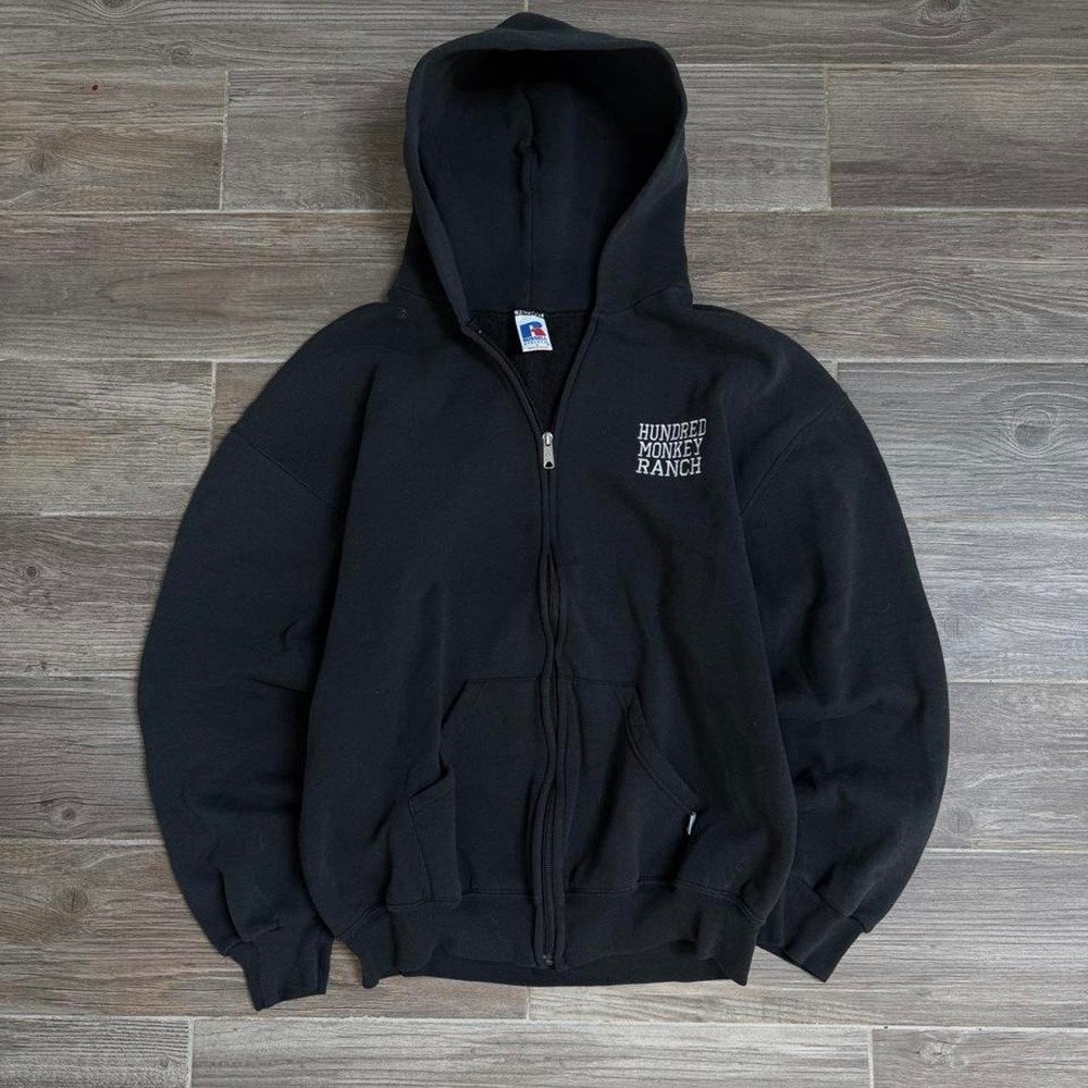 Vintage 90s Russell Athletic black zip up thick boxy hoodie size L